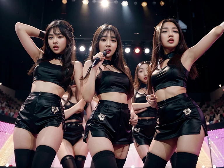Five asian girls, on stage, holding mics in their hands, in pretty outfits, black outfits, on a big scene, performing, singing and dancing, at their concert.