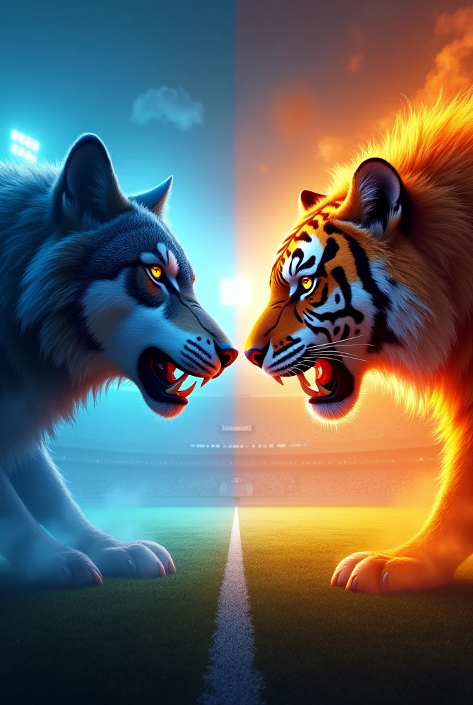"An ultra-high-definition (4K) football stadium. On the left side, a large and imposing wolf's head stares intensely at a tiger's head on the right side. Both heads are oversized, taking up a significant portion of their respective sides. The wolf's side of the stadium is illuminated with a vibrant crystal blue, while the tiger's side glows with a fiery orange. The colors are sharply divided down the middle, creating a powerful and intense atmosphere in this sleek, futuristic stadium."