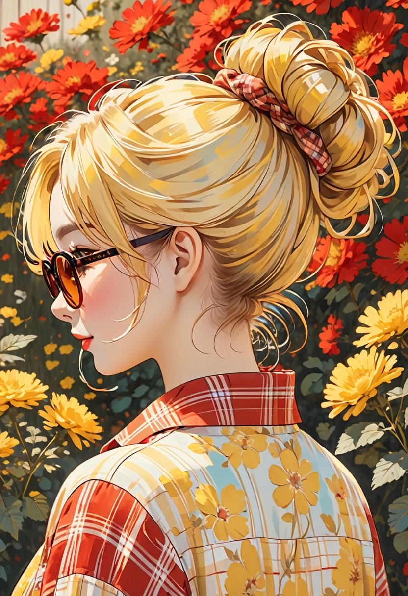 The image depicts an illustration of a person viewed from behind, featuring detailed and yellow hair tied up in a messy bun. The hair is adorned with small, decorative yellow hair ties. The person is wearing a plaid-patterned shirt with shades of red and cream. The art style is delicate and whimsical, capturing soft colors and gentle lines to create a warm and charming aesthetic.