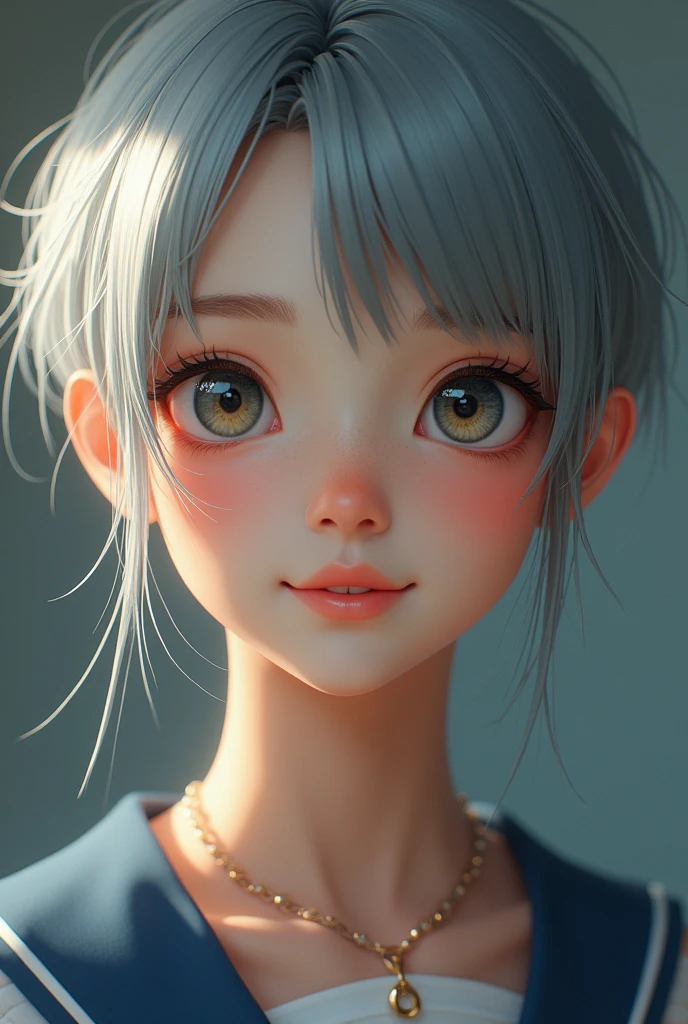 a beautiful young half japanese half Nordic girl,large expressive eyes,droppy eyes,beautiful detailed eyes,charming eyes,extremely detailed and beautiful face,(smile:1.0),flawless transparent skin,ultra short hair,silver hair,(highschool uniform,masterpiece,high resolution,photorealistic,realistic,extremely detailed:2.0),detailed description,vivid colors,studio lighting,physically-based rendering,intricate detail