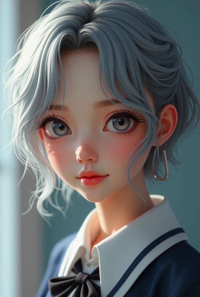 a beautiful young half japanese half Nordic girl,large expressive eyes,droppy eyes,beautiful detailed eyes,charming eyes,extremely detailed and beautiful face,(smile:1.0),flawless transparent skin,ultra short hair,silver hair,(highschool uniform,masterpiece,high resolution,photorealistic,realistic,extremely detailed:2.0),detailed description,vivid colors,studio lighting,physically-based rendering,intricate detail