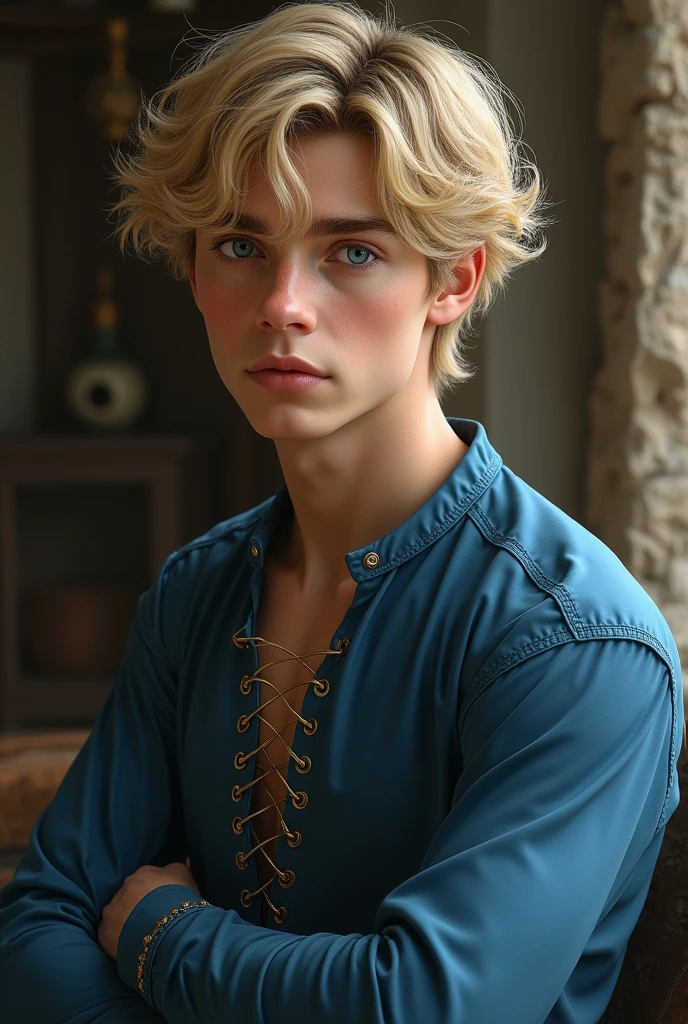 a character from , with blond hair and blue eyes with delicate features, her hair is blonde a little curly and messy, with a blue long-sleeved blouse with medieval style laces, he&#39;s an older boy