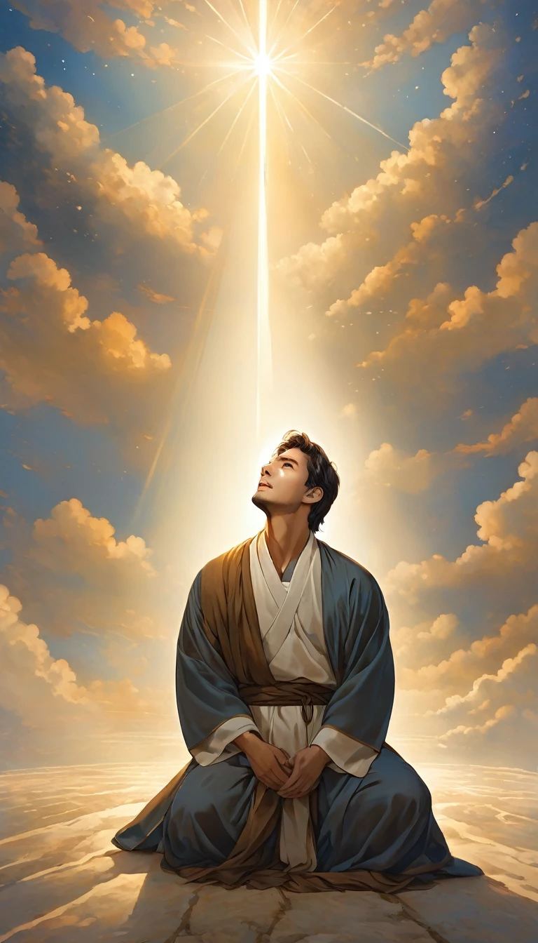 Man kneeling in a pious manner, looking up at the sky with a contrite look, a soft light illuminating your face, religious illustration