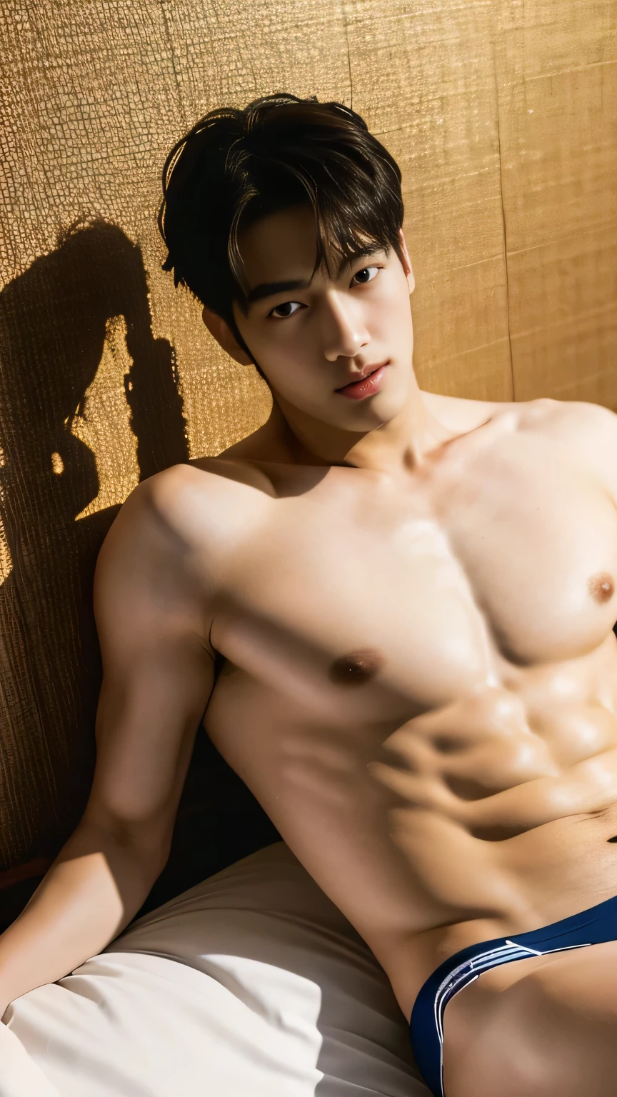 (Highest quality: 1.5, Surrealism: 1.5, reality: 1.4, Very detailed CG 8K wallpaper: 1.5, masterpiece: 1.3, Passionate and detailed photos: 1.2), (Surrealism realistic texture: 1.4), Very detailed, (masterpiece, Highest quality), Very detailed 8k wallpaper, Japanese men, (The guy looks like a K-Pop idol), Age 25, good looking, Delicate face, Stubble, muscular, naked, Full chest muscles, Big Target, Defined, muscular body, sexly, They smiled, Fine hand, Perfect hands, thigh. , Full Body Shot , Luxury hotel bed , sexly