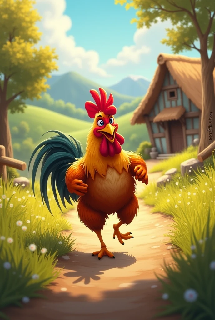 The little rooster running to the home
