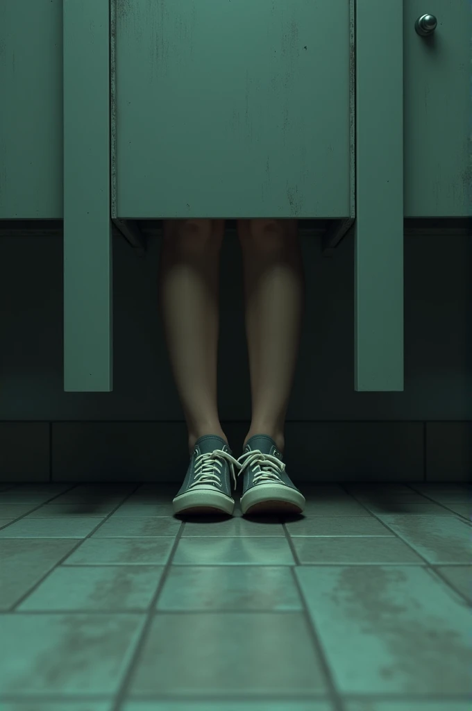 Woman whose legs are visible in public toilets