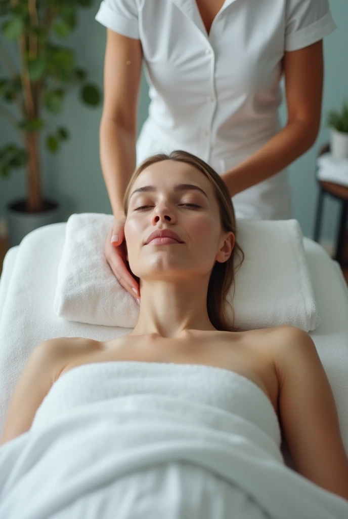 An ordinary beautiful Brazilian woman lying on the stretcher, white towel covering pelvis, and folded white towel covering breast in a beauty clinic doing body beauty procedure with dermatofunctional physiotherapist