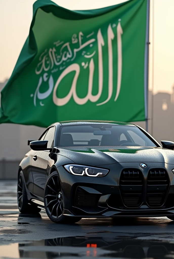 Image of black bmw m3 behind car have green colour flag of Muslim la ilaha ilallah  kalma 