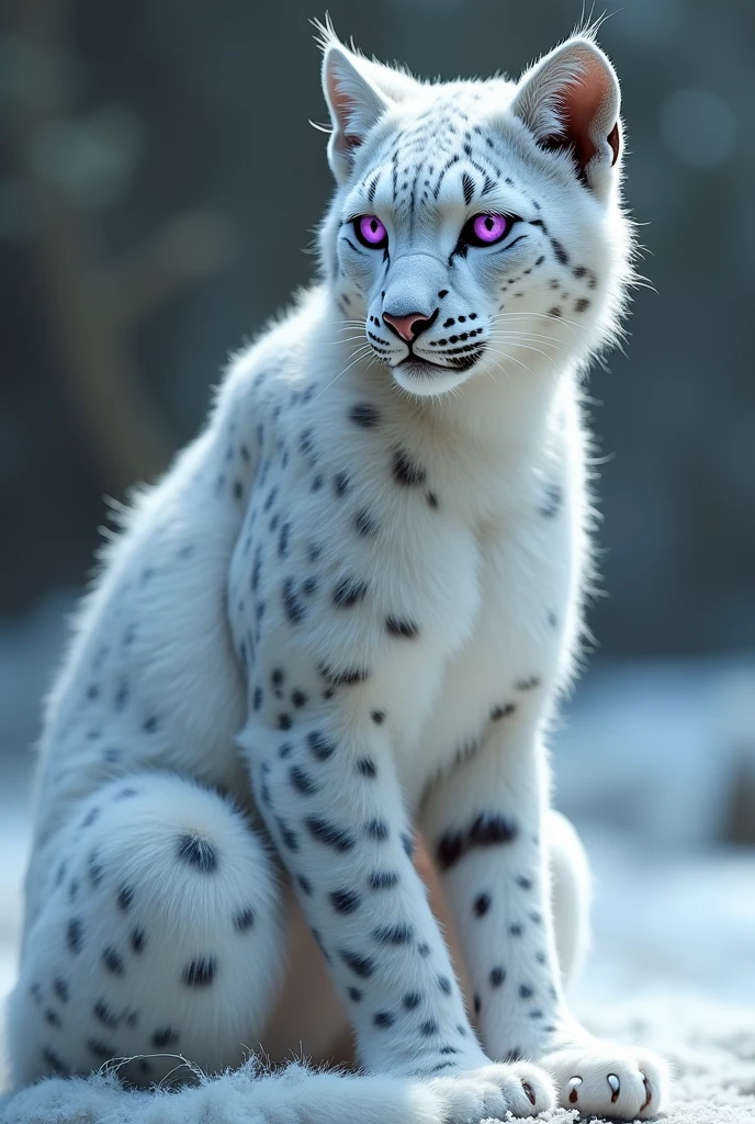 Snow leopard-human hybrid female with purple eyes, with human body and human face wearing a white dress, with snow leopard ears and tail