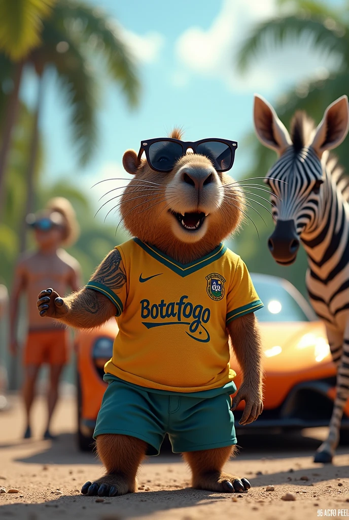 A happy capybara wearing a Botafogo shirt, wearing sunglasses and a tattoo, with a sports car and a zebra girlfriend., the zebra and the capybara's girlfriend