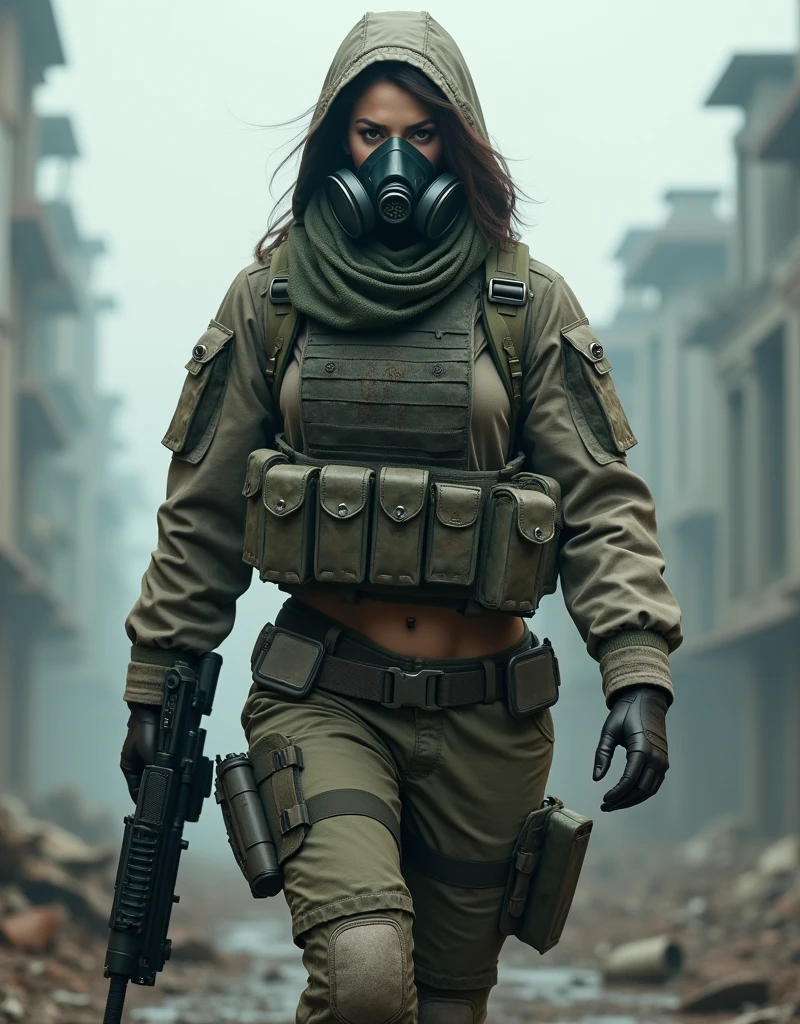 (Photorealism:1.2), beautiful armed woman, A female soldier wearing a gas mask patrols a fog-filled ruin.