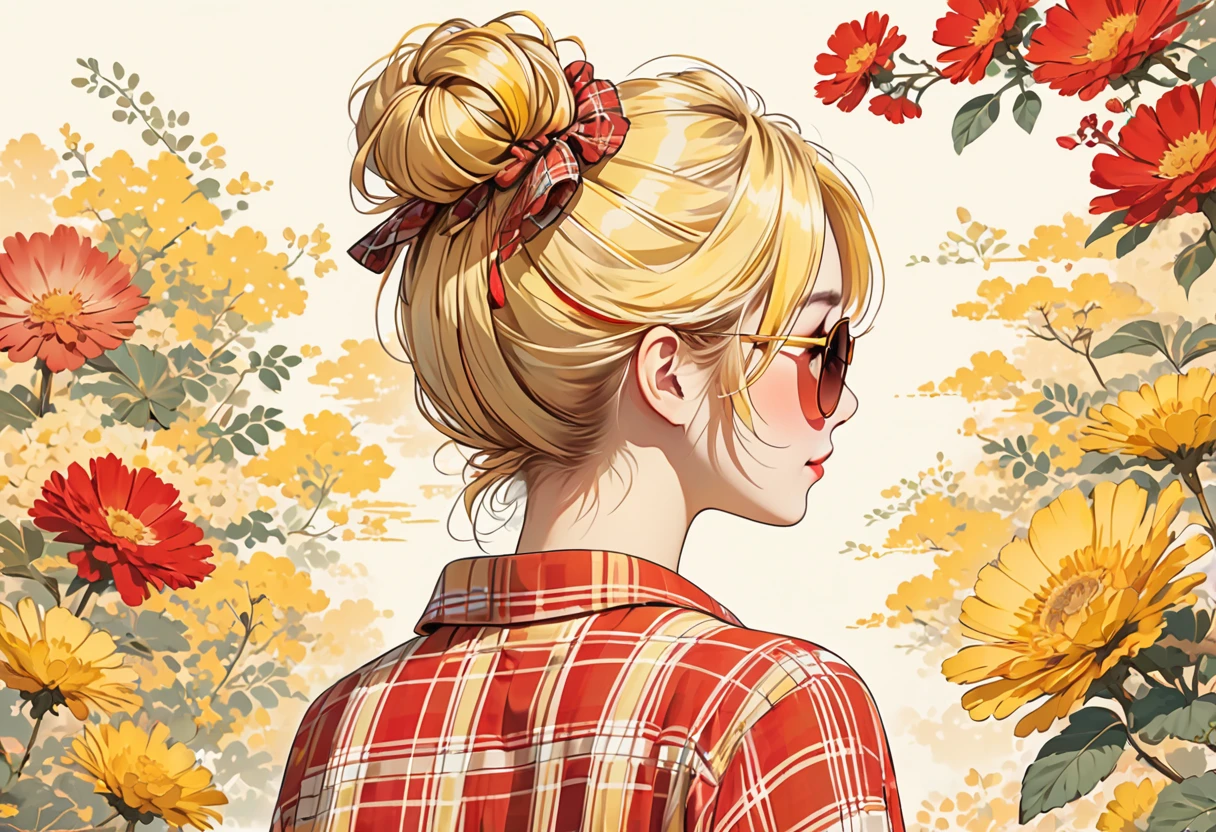 The image depicts an illustration of a person viewed from behind, featuring detailed and yellow hair in a messy bun. The hair is adorned with small, decorative yellow hair ties. The person is wearing a plaid-patterned shirt with shades of red and cream. The art style is delicate and whimsical, capturing soft colors and gentle lines to create a warm and charming aesthetic.