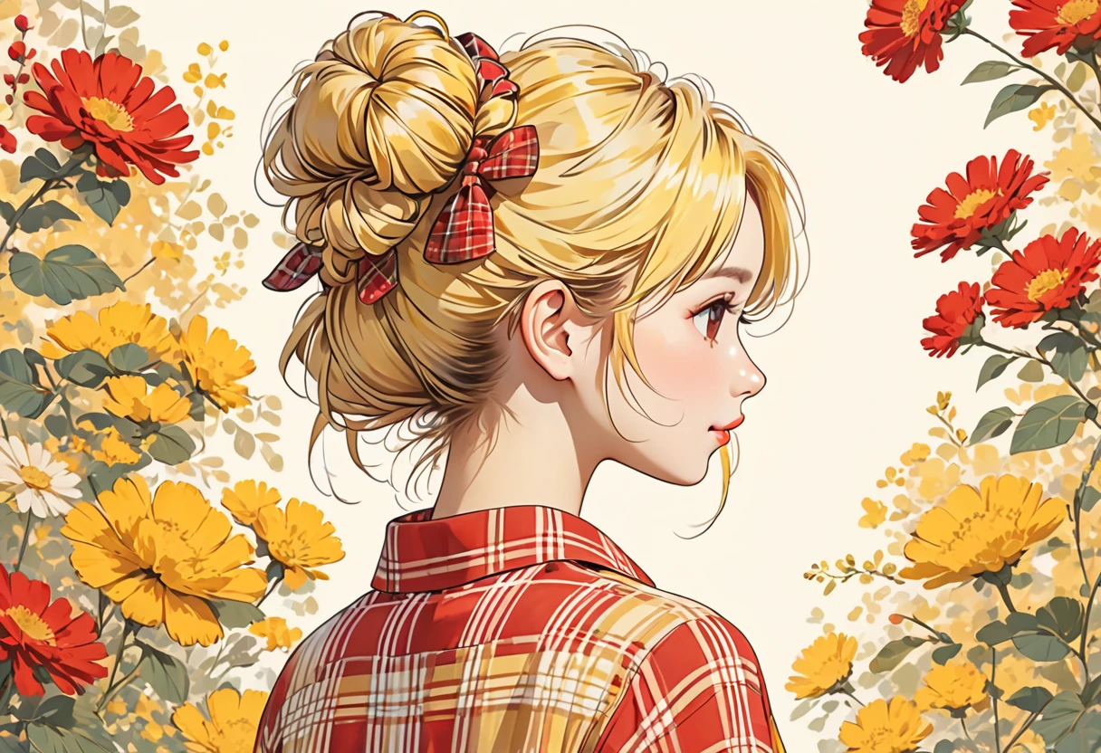 The image depicts an illustration of a person viewed from behind, featuring detailed and yellow hair tied up in a messy bun. The hair is adorned with small, decorative yellow hair ties. The person is wearing a plaid-patterned shirt with shades of red and cream. The art style is delicate and whimsical, capturing soft colors and gentle lines to create a warm and charming aesthetic.