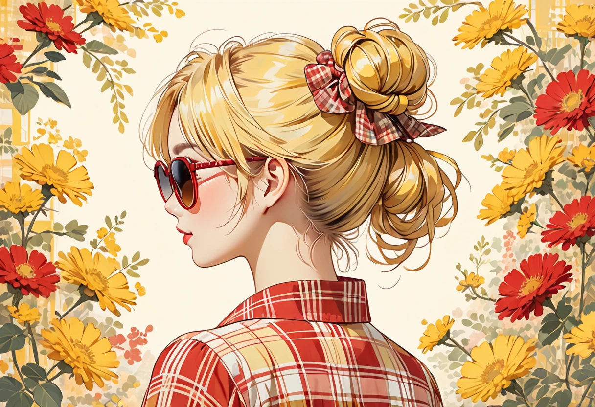 The image depicts an illustration of a person viewed from behind, featuring detailed and yellow hair tied up in a messy bun. The hair is adorned with small, decorative yellow hair ties. The person is wearing a plaid-patterned shirt with shades of red and cream. The art style is delicate and whimsical, capturing soft colors and gentle lines to create a warm and charming aesthetic.