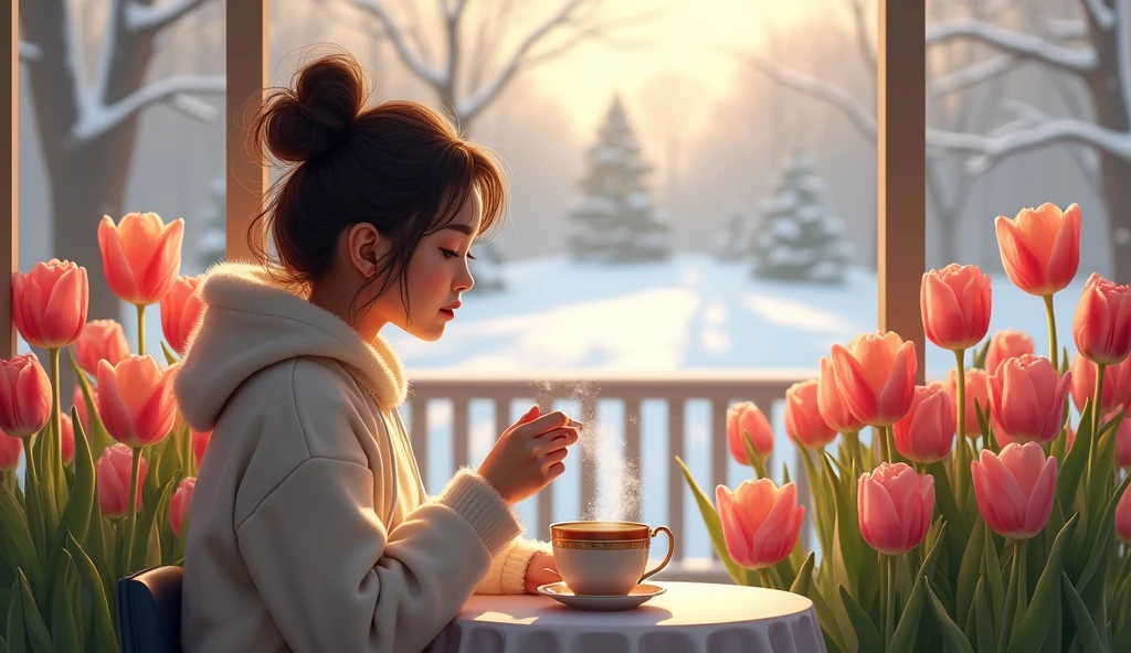 Transform your winter mornings with the simple elegance of tulips and tea on your veranda. Enjoy the peaceful blend of nature's beauty and the soothing warmth of your favorite brew.