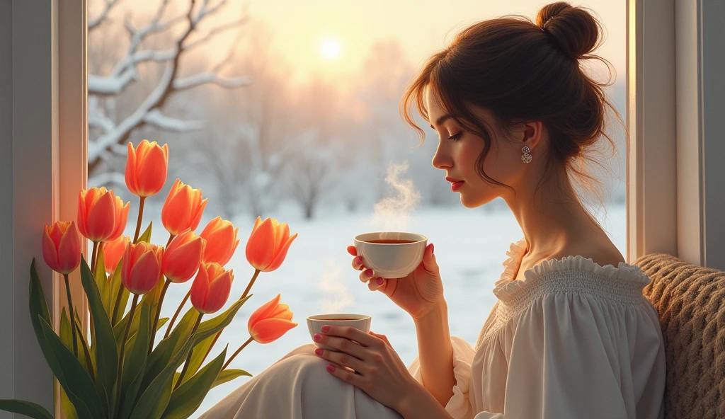 Transform your winter mornings with the simple elegance of tulips and tea on your veranda. Enjoy the peaceful blend of nature's beauty and the soothing warmth of your favorite brew.