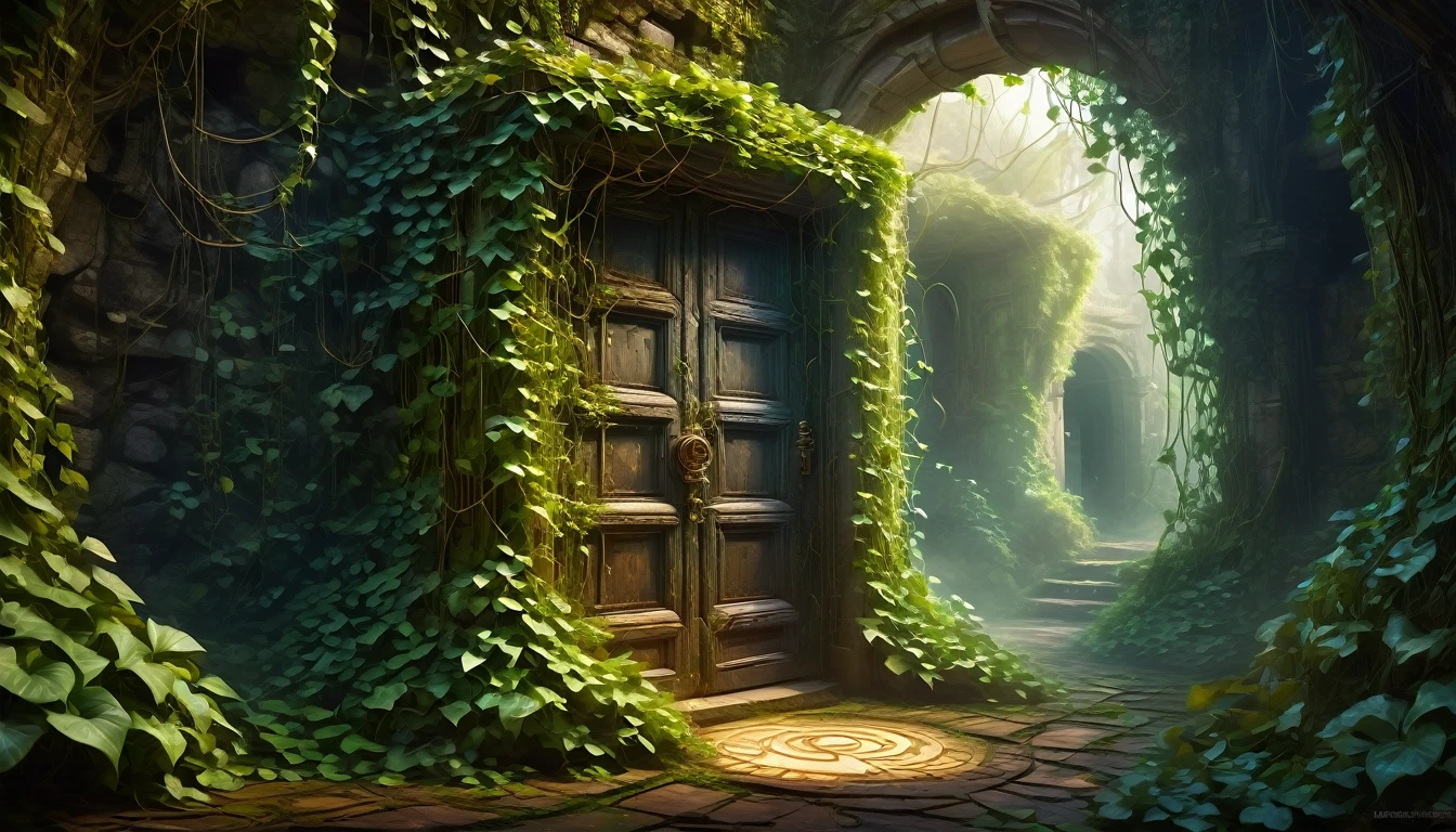 Forgotten Gate of Time and Space, fantasy theme, concept art, The deepest door in the underground maze, a door made of magic, Time travel portal, (A door that cannot be opened due to ivy and cobwebs:1.3, Shiny magic net), (Old and rusty door, dirty), dark, (Magical breath leaks from outside the door:1.3), (masterpiece), (best quality), (Ultra-high detail)