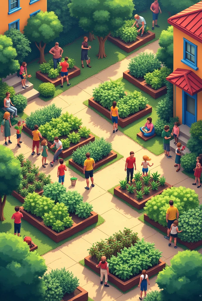 Realistic isometric image of a community garden, with people
