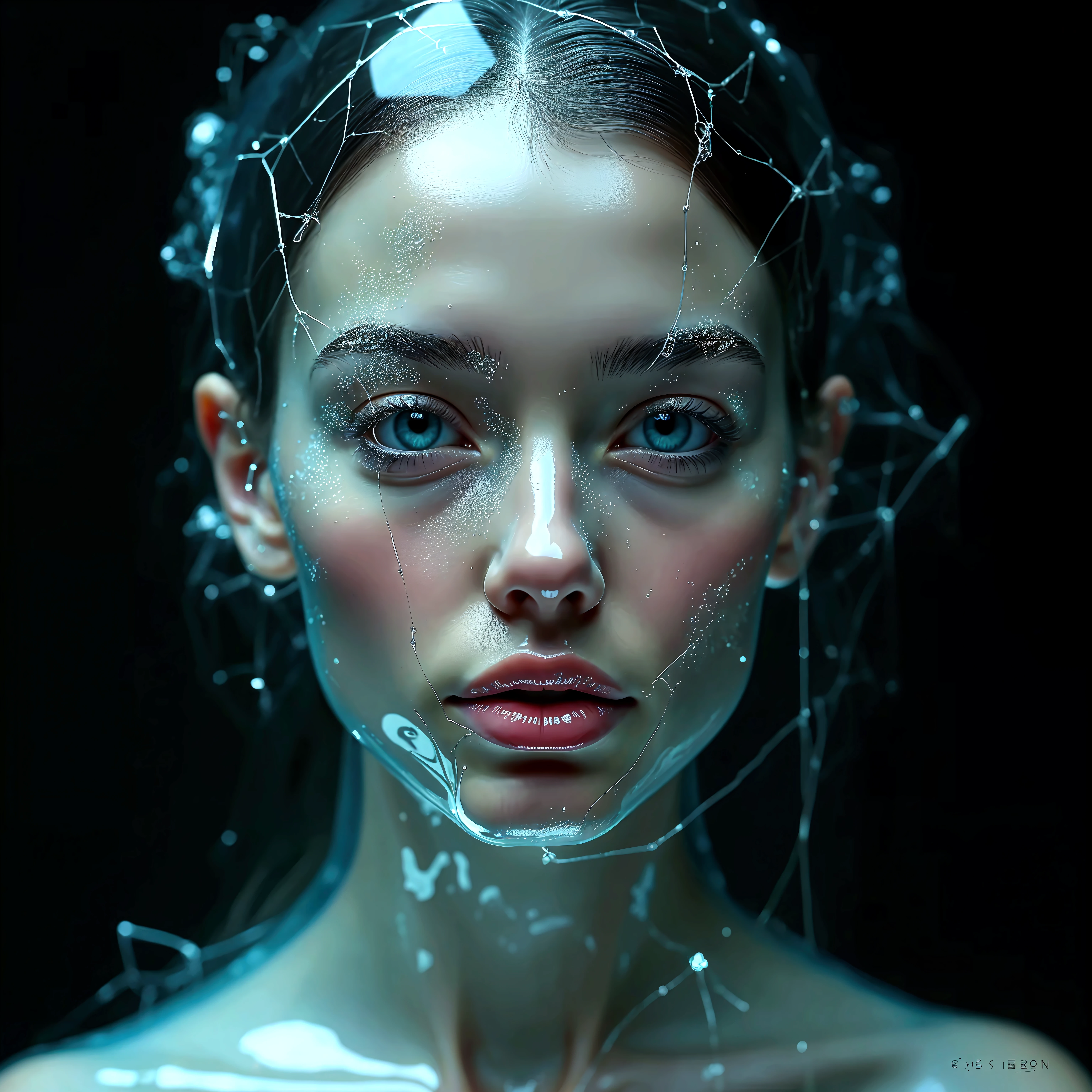 scientist, female, creepy, transforming, blueberry, mishap, formula, laboratory, horror, surreal, swelling up, blue, worried, experiment, accident, modern, eerie, detailed, glowing, vivid, turning blue 