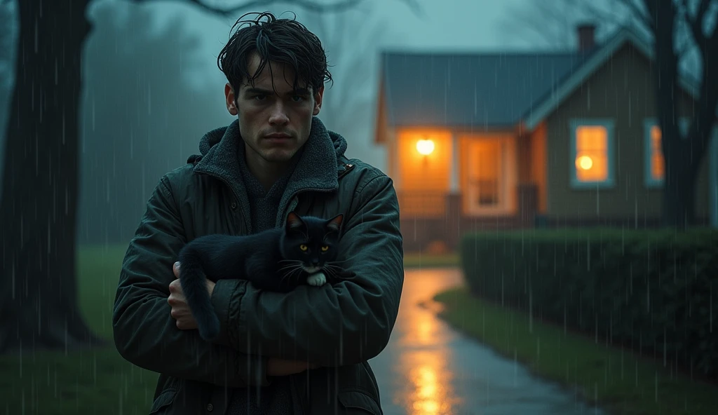 “Sam, holding the small, dark-furred cat in his arms, is rushing through the rain towards a cozy-looking house. His face shows determination as he tries to protect the cat from the rain. The house is warmly lit, inviting them in.”