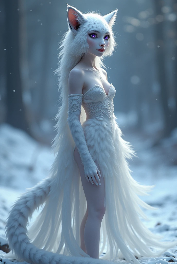 Snow leopard-human hybrid female with purple eyes, with human body and human face wearing a white dress, with snow leopard ears and tail