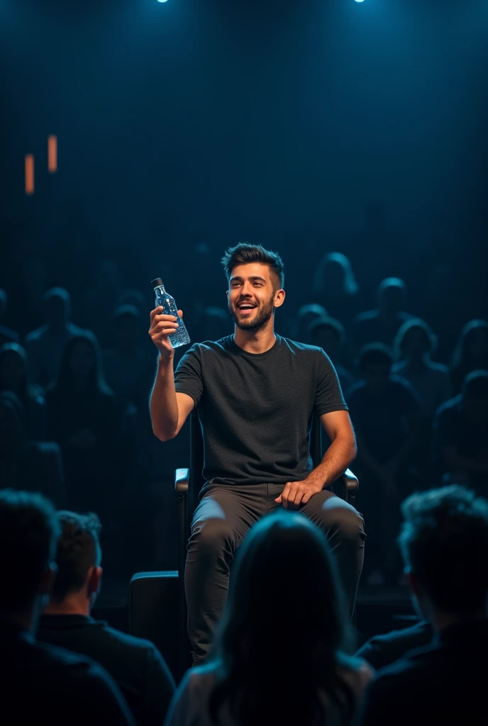 A young man promoting a water bottle in front of 1000 people and dark background  and he is sitting in a chair