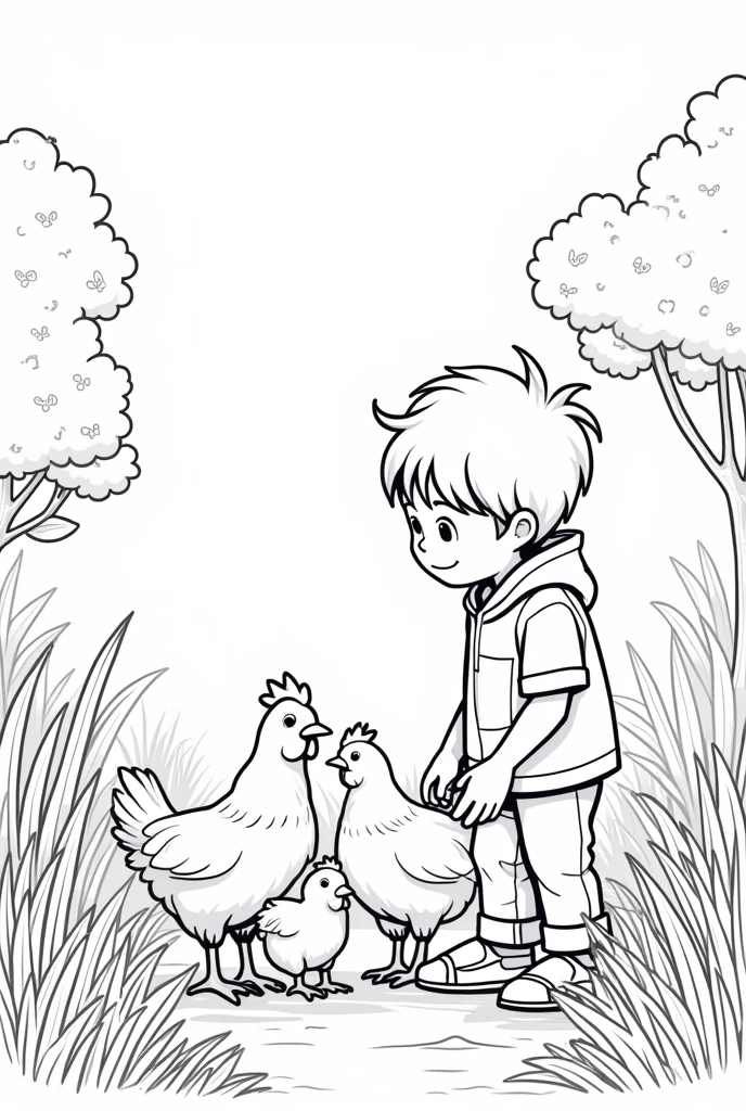 eight-year-old boy taking care of two hens and three chicks, plants and trees are part of the landscape. Simple line, black and white, without shadow, white background for coloring. Coloring book
