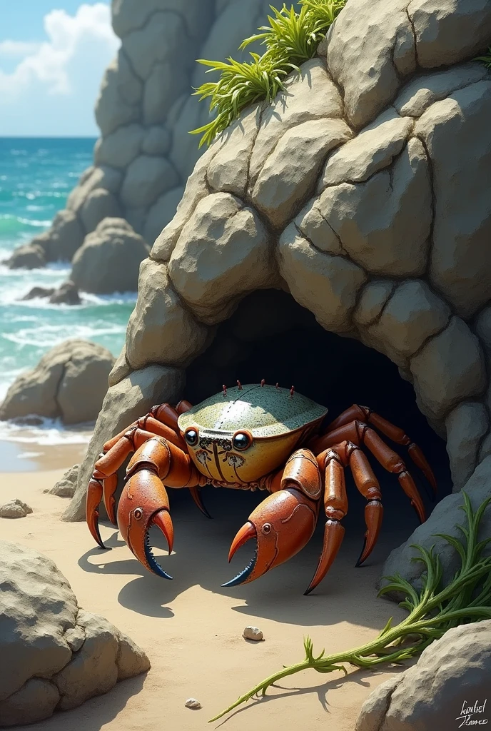 Create character illustration that is a crab hiding behind a rock.