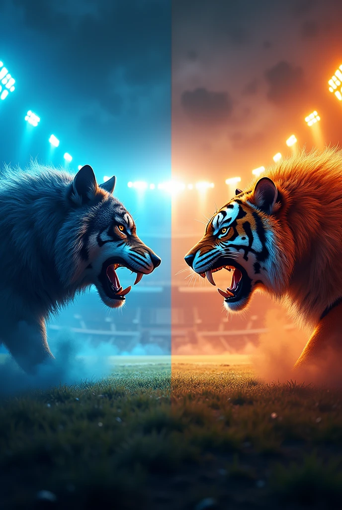 "An ultra-high-definition (4K) football stadium. On the left side, a large and imposing wolf's head stares intensely at a tiger's head on the right side. Both heads are oversized, taking up a significant portion of their respective sides. The wolf's side of the stadium is illuminated with a vibrant crystal blue, while the tiger's side glows with a fiery orange. The colors are sharply divided down the middle, creating a powerful and intense atmosphere in this sleek, futuristic stadium."