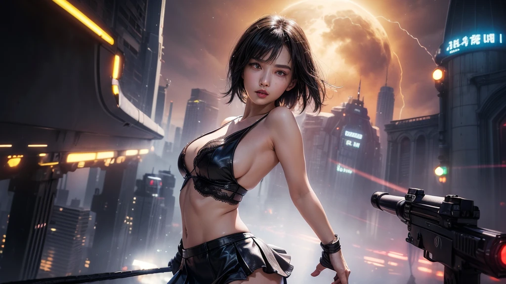 (Wide angle view). Blade Runner style futuristic city, simple outlined transparent neon tall buildings, glowing giant clock tower, flying cars, helicopter, lightning, 3D rendering Beeple. At night, (1girl, solo, alone), photorealistic, medium-breast slim:0.6 body, oval:0.6 face, cleavage:1.1, sexy black laced bra, glove, deep-V, (very low angle view of miniskirt), white laced panty, coat, (Matrix style black micro sunglasses), ((aiming viewer with a short gun)), (running pose), (half-body thigh level close-up shot), cinematic lighting, ray tracing.