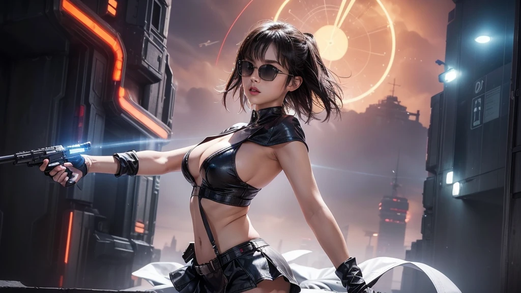 (Wide angle view). Blade Runner style futuristic city, simple outlined transparent neon tall buildings, glowing giant clock tower, flying cars, helicopter, lightning, 3D rendering Beeple. At night, (1girl, solo, alone), photorealistic, medium-breast slim:0.6 body, oval:0.6 face, cleavage:1.1, sexy black laced bra, glove, deep-V, (very low angle view of miniskirt), white laced panty, coat, (Matrix style black micro sunglasses), ((aiming viewer with a short gun)), (running pose), (half-body thigh level close-up shot), cinematic lighting, ray tracing.