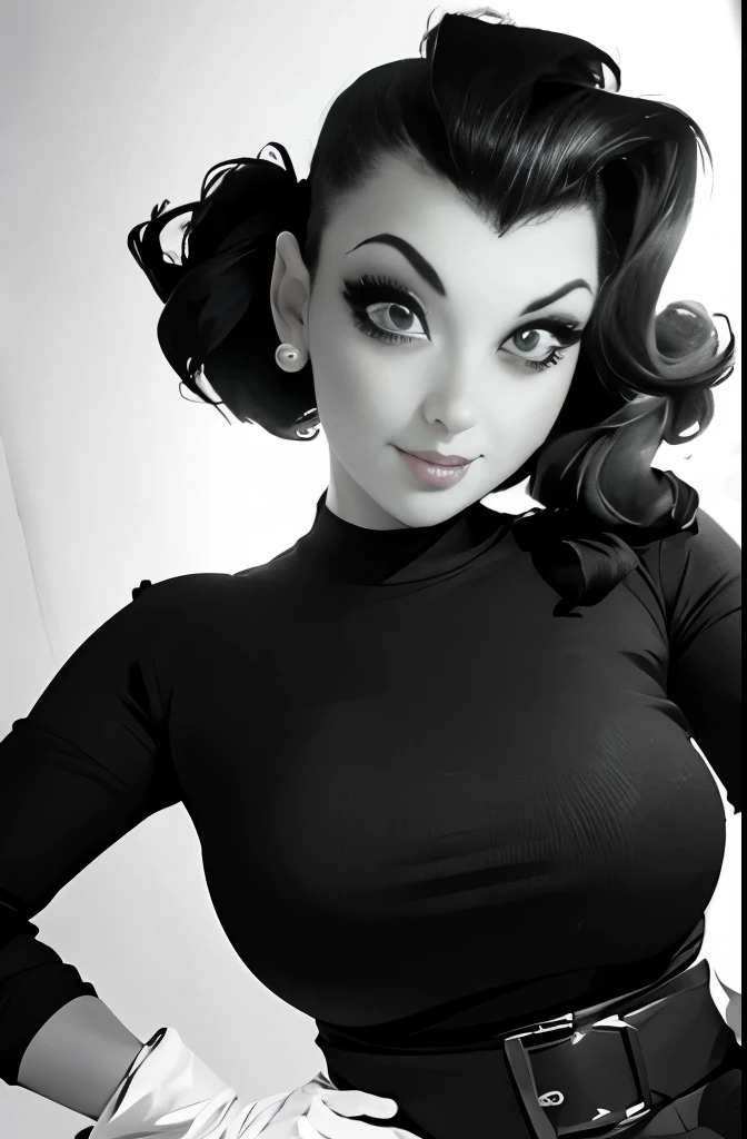araffe woman in a black and white dress and gloves posing for a picture, a portrait by Elena Guro, tumblr, happening, pinup style, rockabilly style, 5 0 s style, 50s style, 1950s vibes, fully dressed, sixties pinup, 1 9 5 0 s style, circa 1940s, ww2 era