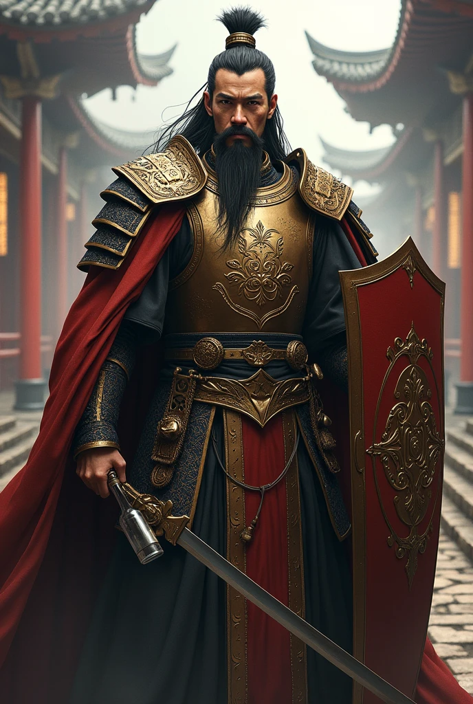 naughty man, Cao Cao, brownhair. Medium armor and a shield with a servant design, In the other hand, a glass bottle.