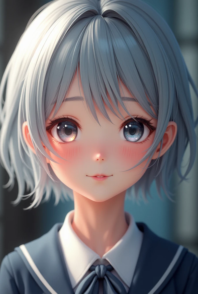 a beautiful cutie half japanese half Nordic girl,large expressive eyes,droppy eyes,beautiful detailed eyes,charming eyes,extremely detailed and beautiful face,(smile:2.0),flawless transparent skin,ultra short hair,silver hair,(highschool uniform,masterpiece,high resolution,photorealistic,realistic,extremely detailed:2.0),detailed description,vivid colors,studio lighting,physically-based rendering,intricate detail