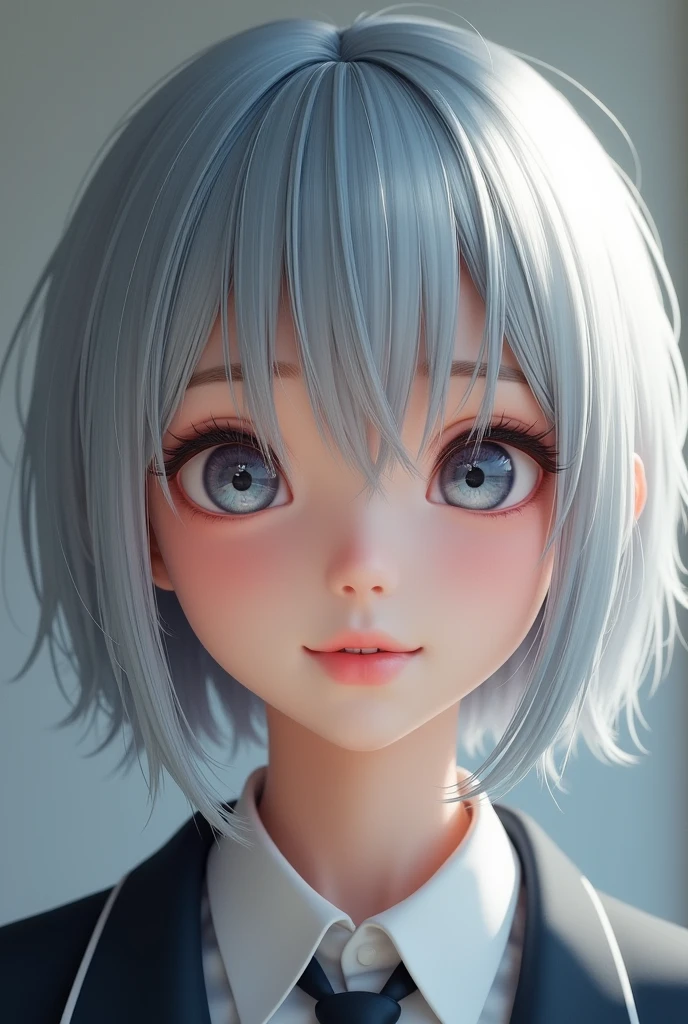 a beautiful cutie half japanese half Nordic girl,large expressive eyes,droppy eyes,beautiful detailed eyes,charming eyes,extremely detailed and beautiful face,(smile:2.0),flawless transparent skin,ultra short hair,silver hair,(highschool uniform,masterpiece,high resolution,photorealistic,realistic,extremely detailed:2.0),detailed description,vivid colors,studio lighting,physically-based rendering,intricate detail