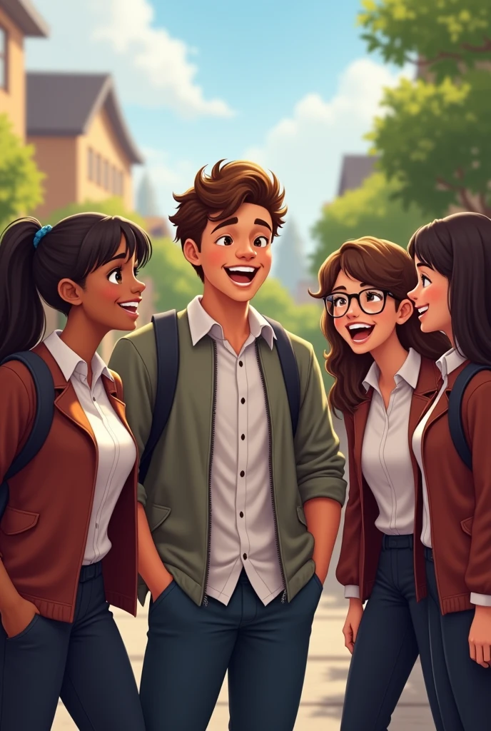 character disney FIVE high school students wearing uniform (ONE  tan and plus size male and FOUR white female) laughing and talking to one another.