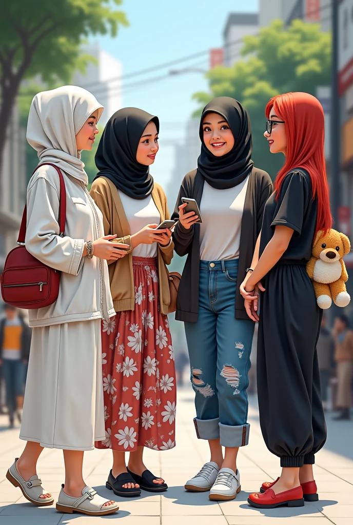1 girl with white hijab, wear full white and samba shoes, 150cm, using iphone 13 silver, bring charles and keith wallet bag . 1 another girl with black hijab , wear cardigan and tshirt inside, wear crocs, 150 cm , and wear jeans. 1 another girl with black hijab and wear flower skirt , wear crocs , bring lotso too , 160 cm . another 1 girl free hair with red colour hair medium cut  , 160 cm , wear spec , wear black tshirt, wear baggy pants and bring sling bag