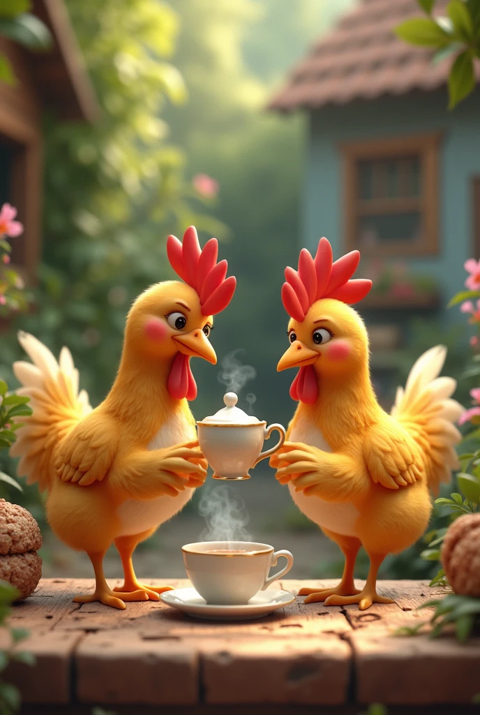 The hen giving the tea to the hen
