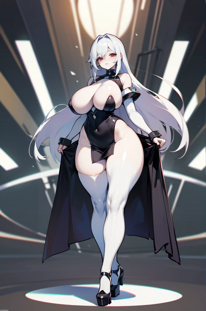 thick hips, thick thighs, platform heels, tigh tube dress, huge breast, thin waist, straight hair, pale skin, thick body, tight stockings,