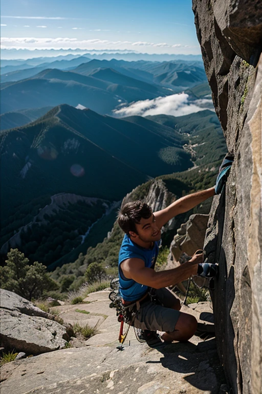 A rock climber climbs to the top of a mountain