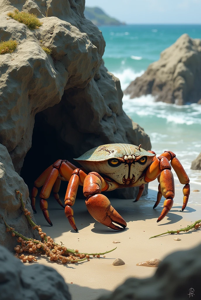 Create character illustration that is a crab hiding behind a rock.