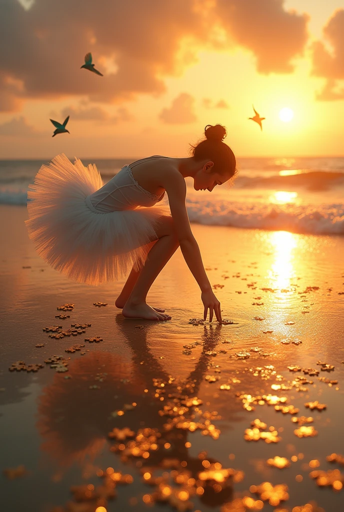 A ballerina bending down, He is collecting the pieces of a golden puzzle at his feet from the sand to the sea with a sunset in the background and small swallows in turquoise green tones flying around him., Sand with golden dots and