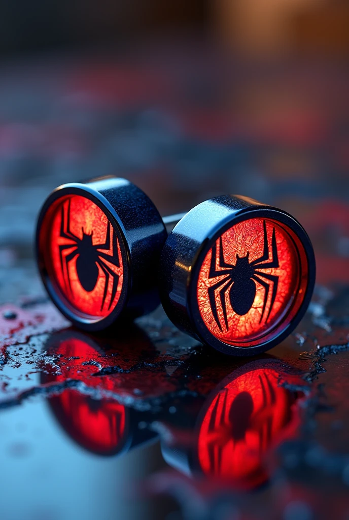 "Create a design for a pair of 14mm Spider-Man inspired ear expanders. Each expansion must have a black spider in the center, similar to the one associated with the character of Spider-Man. The background should be an abstract and distorted mix of red and blue colors, to give it a dynamic and energetic look, evoking the Spider-Man theme in a modern and stylized way."