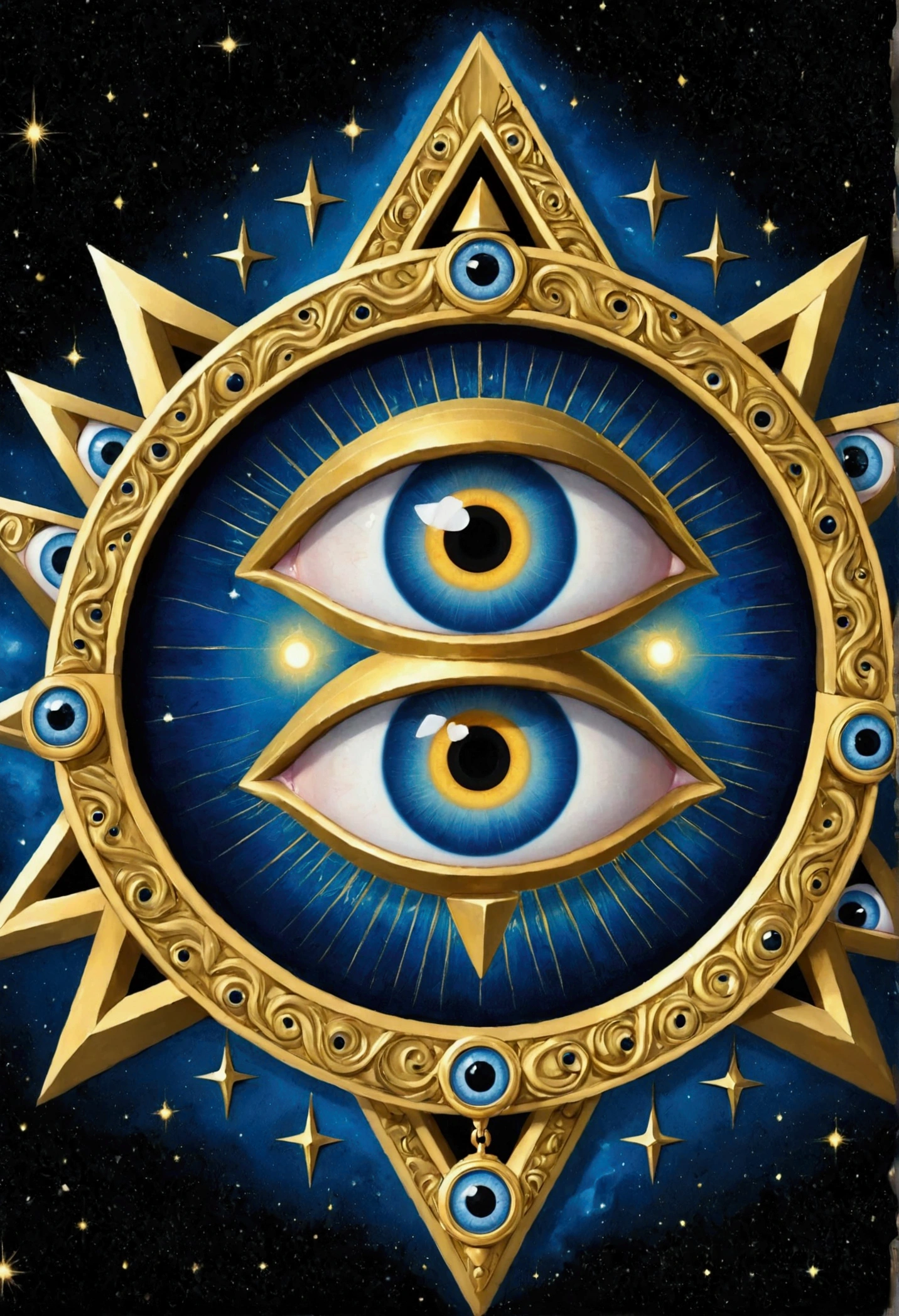 A painting of a gold and blue eye surrounded by stars, All-Seeing Eye, the Eye of Providence, Eye of Providence, All-Seeing Eye, ( All-Seeing Eye ), Paul Lafley, Eye of the Illuminati, Masonic art, byCedric Seaut (Keos Masons), mystical The Third Eye睛, The Third Eye睛, The Third Eye, Mysterious Eye, Extremely detailed symbolism,Gold chain