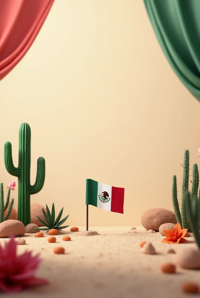 I want a background in neutral colors with small details of the patriotic month of September, but without symbols and without flowers, They can be cacti or things that represent Mexico but with a space in the center and a small Mexican flag.