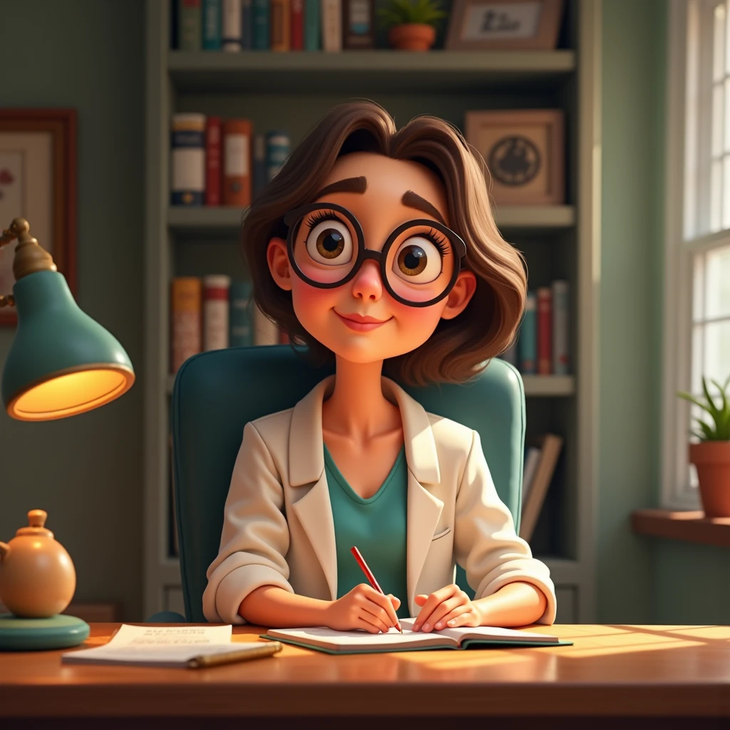 Get inspired by Disney Pixar characters and create a psychologist sitting in a chair with a notebook in her hand and looking at the camera