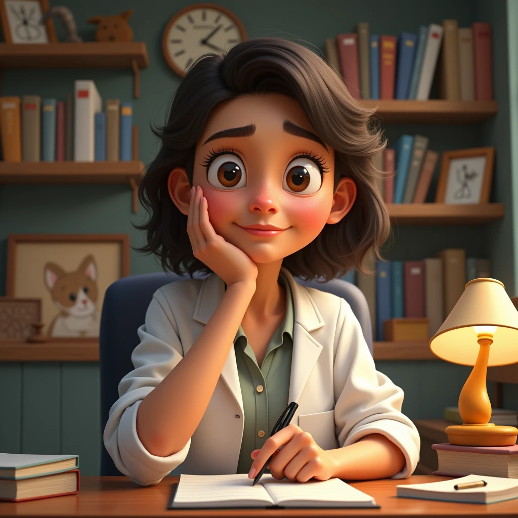 Get inspired by Disney Pixar characters and create a psychologist sitting in a chair with a notebook in her hand and looking at the camera
