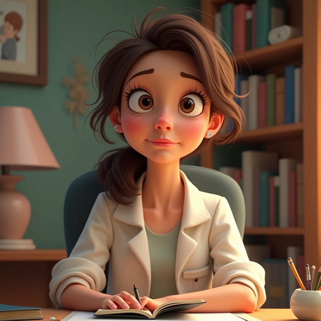 Get inspired by Disney Pixar characters and create a psychologist sitting in a chair with a notebook in her hand and looking at the camera