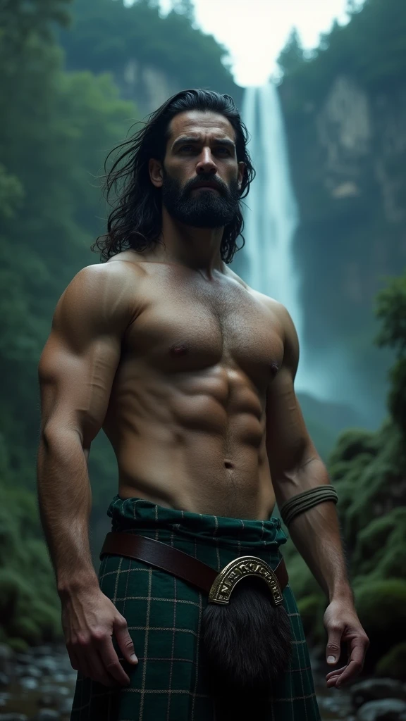 8k, masterpiece, RAW photography, best quality, photorealistic, highly detailed CG unity 8k wallpaper, depth of field, cinematic light, raw, (extremely beautiful and charismatic face, beautiful lips, beautiful eyes), intricately detailed face, (ultra detailed skin), 1 man, in nature, in deep shadows, beautiful young scottish male, (very strong and big muscular body:1.3), (topless), (great determined look) :1.3), (shirtless), (highlands, dark night, starry night, blurred background), barechest, tarzan kilt, long black hair, full-body, waterfall forrest.