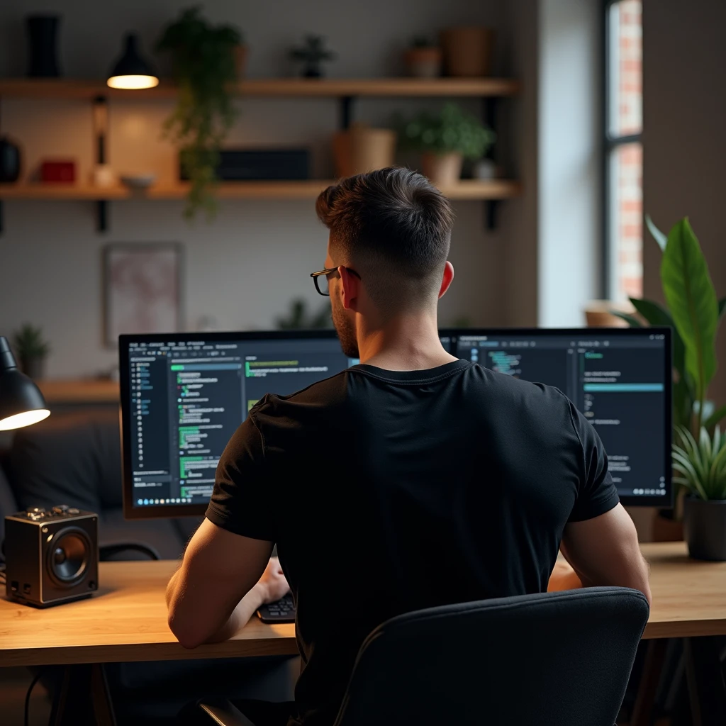 Software developer using computer and Laptop in his well architect room
He is A Lean bodybuilder wearing glasses and Black T shirt and backside of it "Ali" is written
(Back side view and only back side of head should be visible)